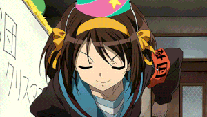 A high-quality image of Haruhi Suzumiya giving the thumbs up