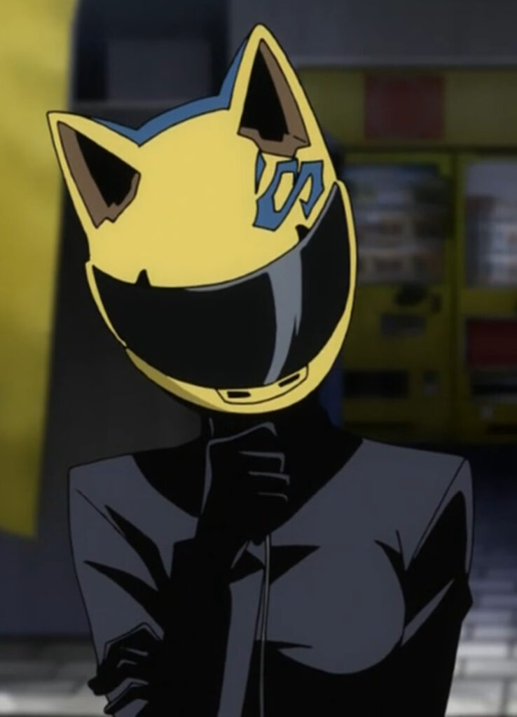 The Black Rider wearing a yellow motorcycle helmet with cat-like ears.