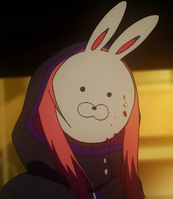 Touka Kirishima wearing a round white bunny mask