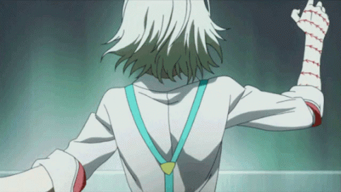 Juuzou Suzuya bending backwords to show off his white hair and red eyes.