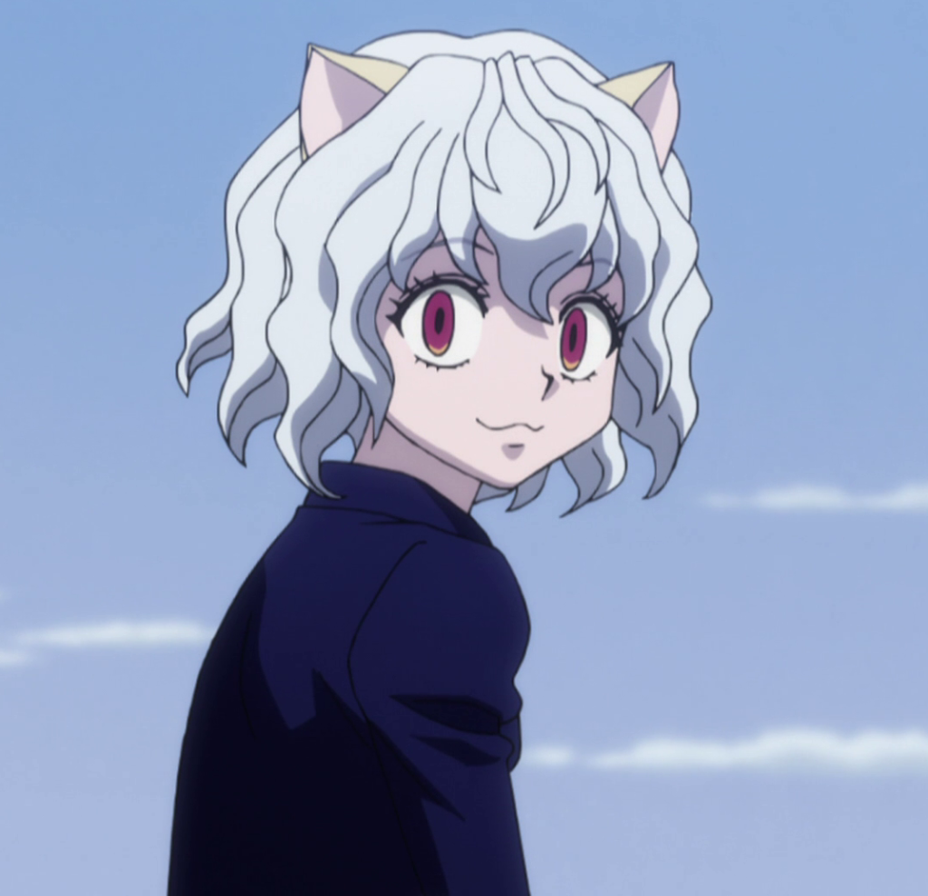 Neferpitou smiling with his red eyes and white hair.